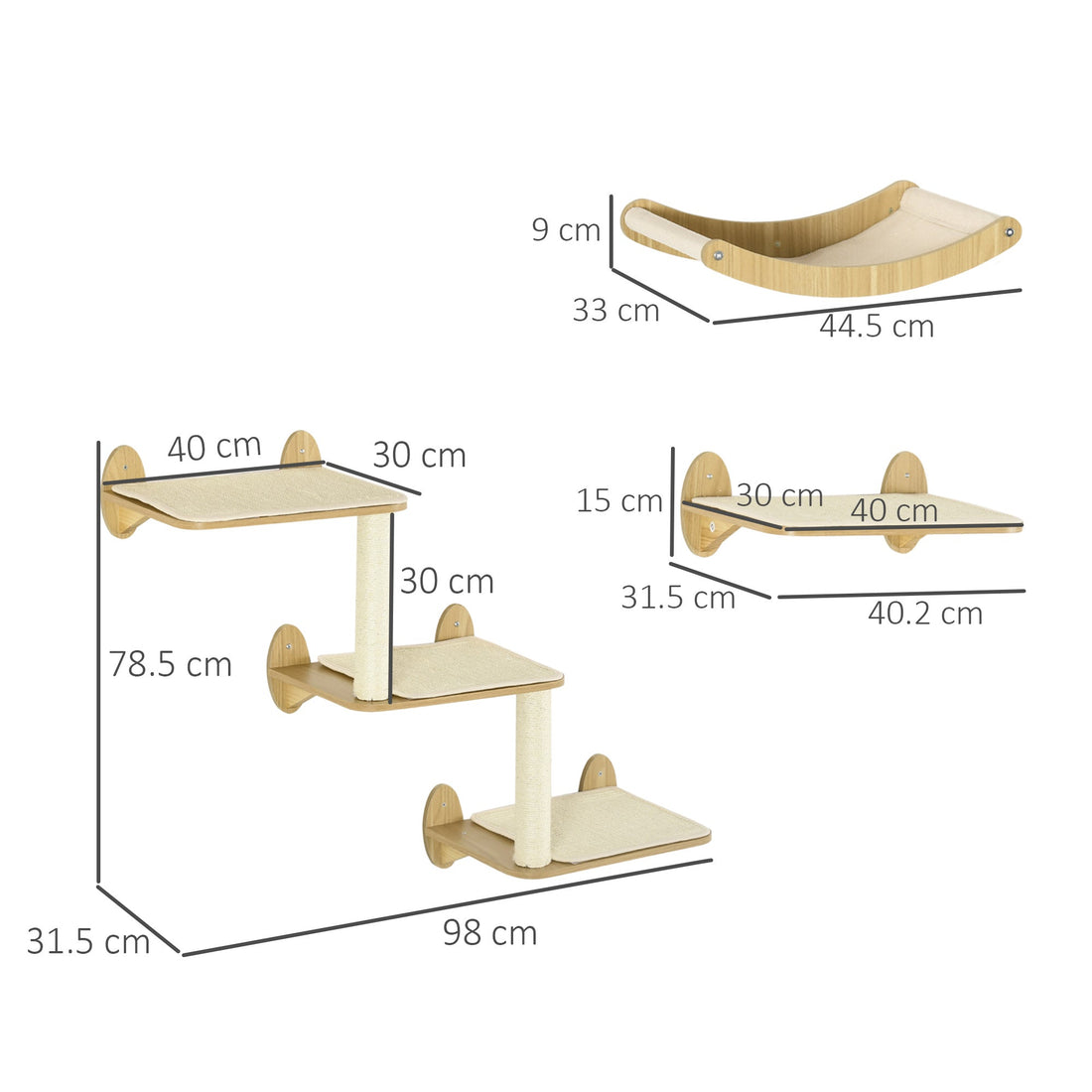 3PCs Wall-Mounted Cat Shelves, with Jumping Platforms, Hammock, Scratching Post - Oak Tone