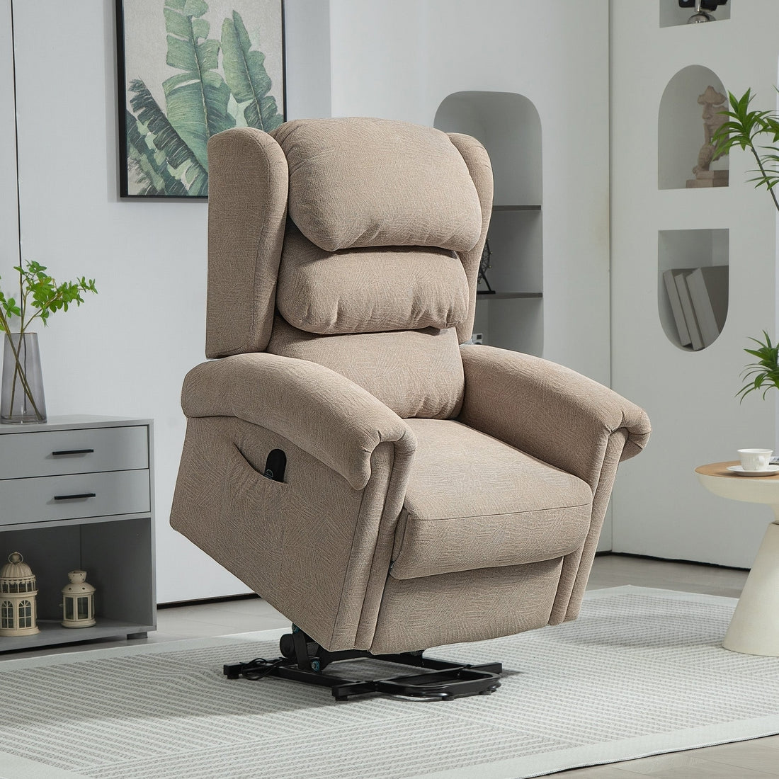 Power Lift Recliner Chair for Elderly, Velvet Electric Riser and Recliner Armchair for Living Room with Remote Control, 2 Side Pockets, Thick Padded Back, Khaki