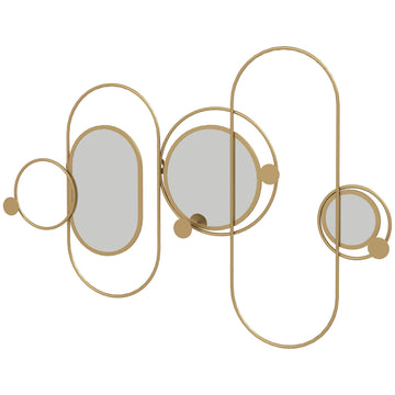Metal Wall Mirror Decor with Coat Hooks, Modern Decorative Wall Art for Living Room Bedroom, Gold Tone