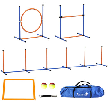 Dog Agility Training Equipment with Weave Poles, Jump Ring, Pause Box, Adjustable Hurdle, Carry Bag, Orange