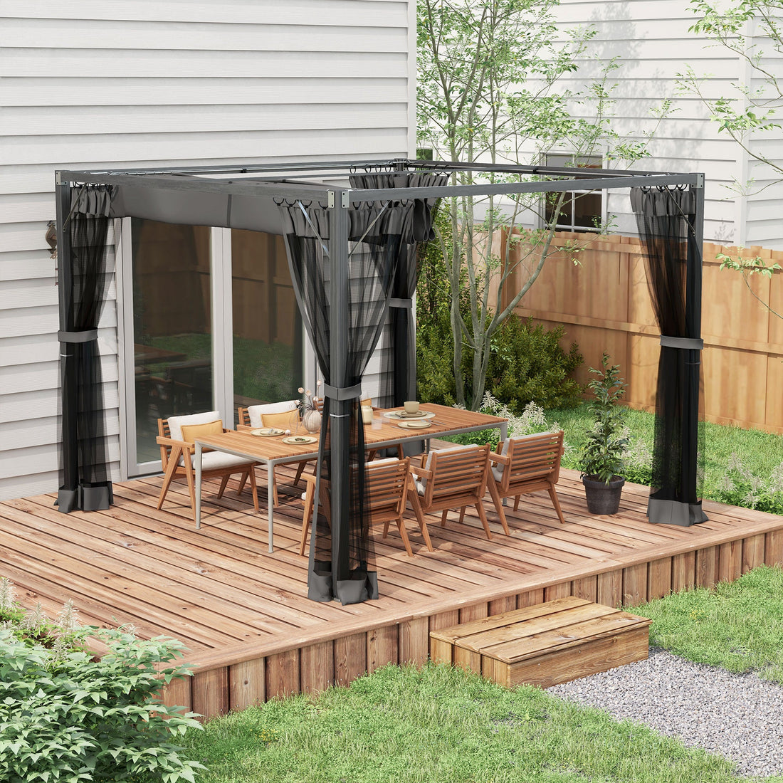 3 x 3m Aluminium Frame Pergola, with Retractable Roof - Dark Grey