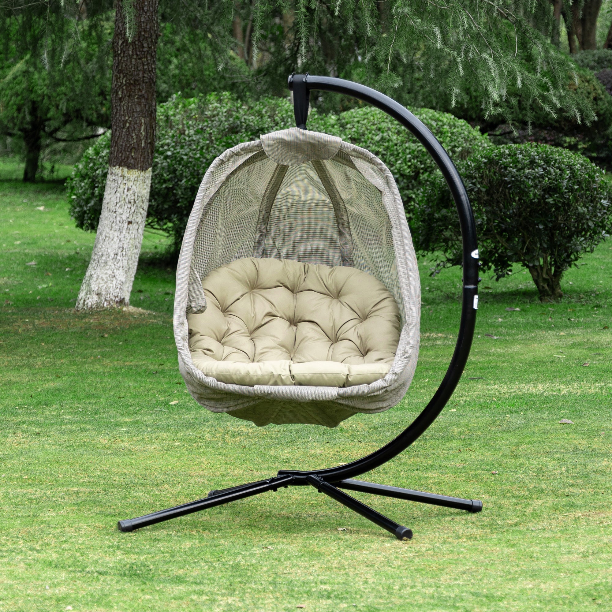 Hanging Egg Chair, Folding Texteline Swing Hammock with Side Pocket, Cushion and Stand for Indoor Outdoor, Patio Garden Furniture, Khaki