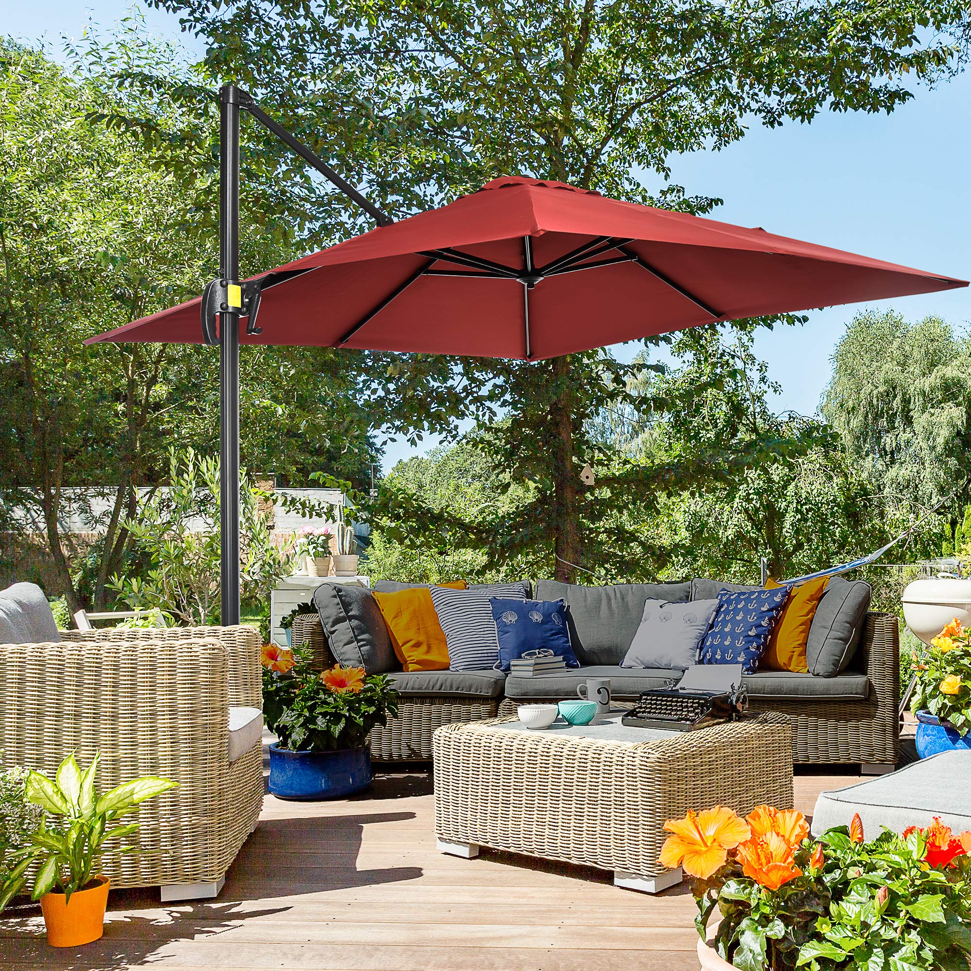 2.5 x 2.5m Patio Offset Parasol Umbrella Cantilever Hanging Aluminium Sun Shade Canopy Shelter 360° Rotation with Crank Handle and Cross Base, Wine Red
