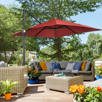 2.5 x 2.5m Patio Offset Parasol Umbrella Cantilever Hanging Aluminium Sun Shade Canopy Shelter 360° Rotation with Crank Handle and Cross Base, Wine Red