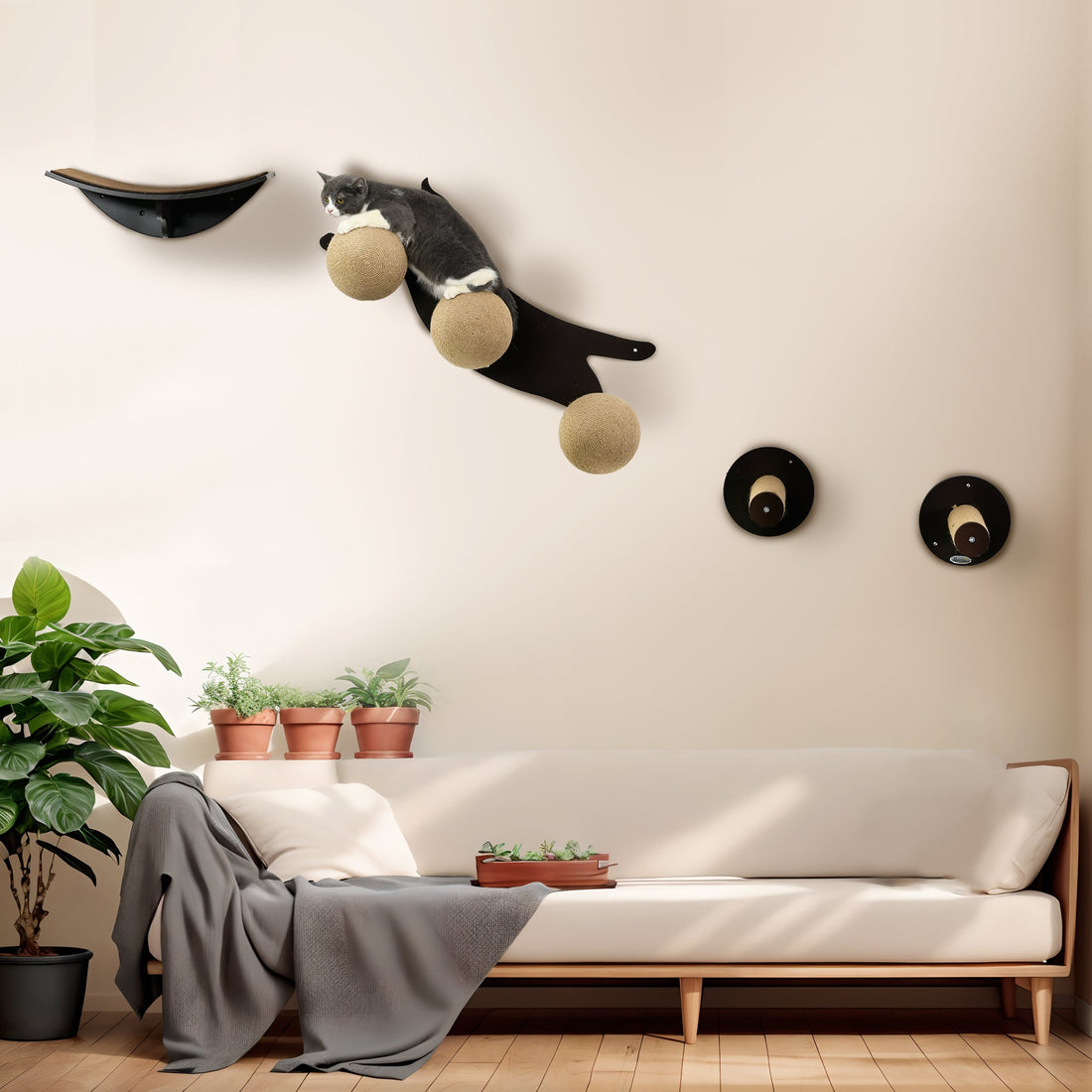 Cat Wall Furniture, with Curved Platforms, Scratching Posts - Brown