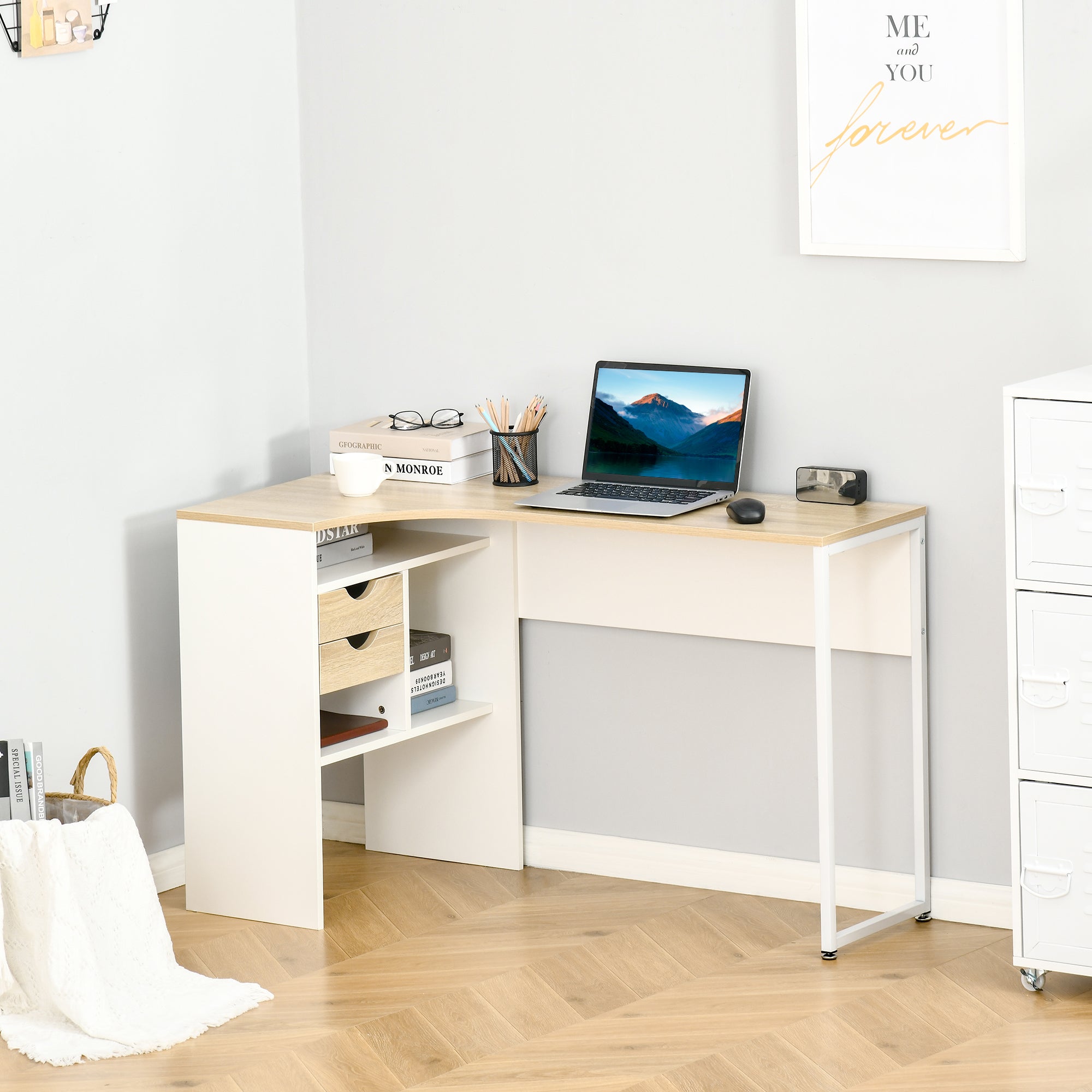L Shaped Desk, 120cm Computer Desk, Corner Desk with 2 Drawers and 3 Storage Compartments for Home Office, Study Workstation, Oak