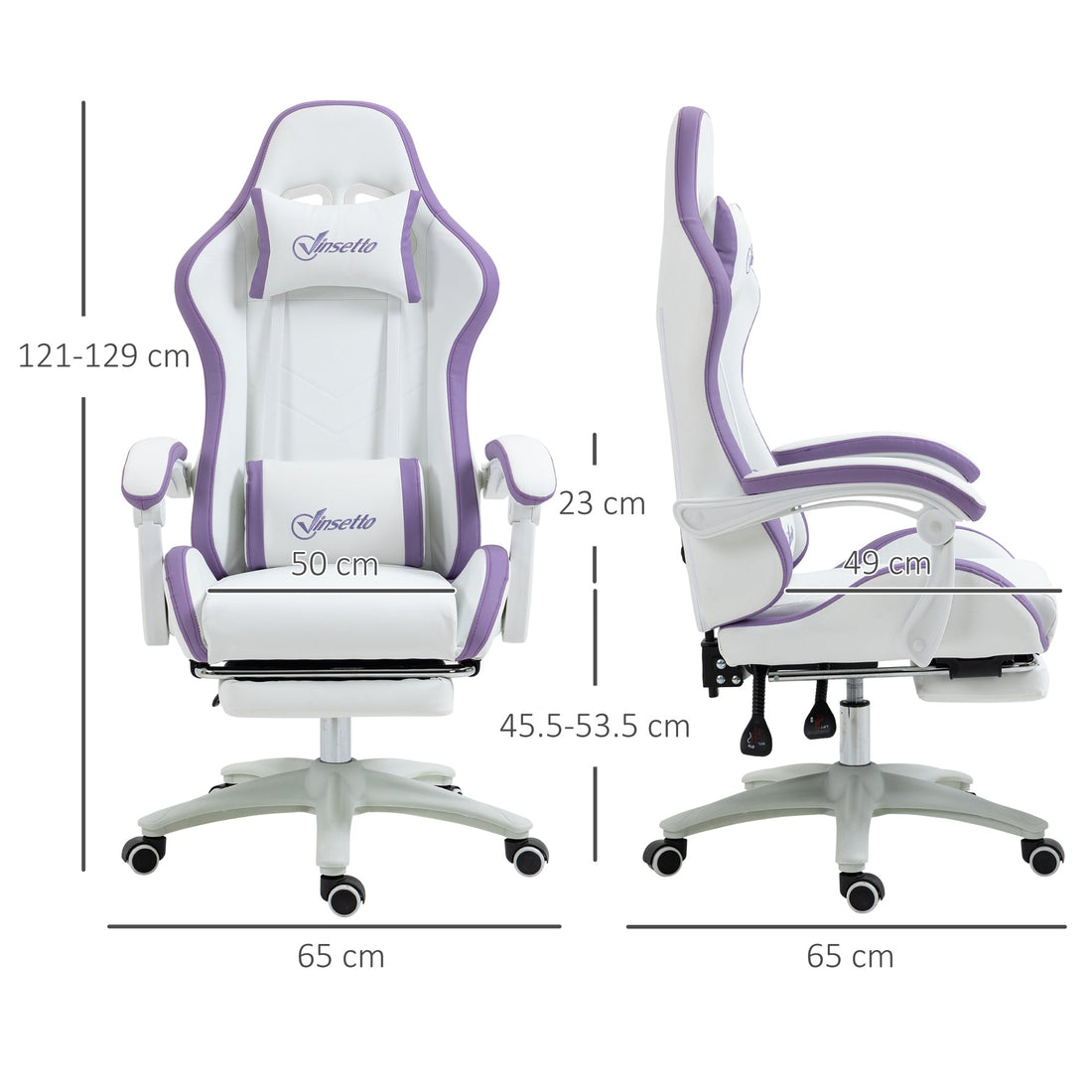 Computer Gaming Chair, PU Leather Desk Chair with Footrest, Swivel Task Chair with 135° Reclining Back and Lumbar Support, PC Chair for Adults, White and Purple