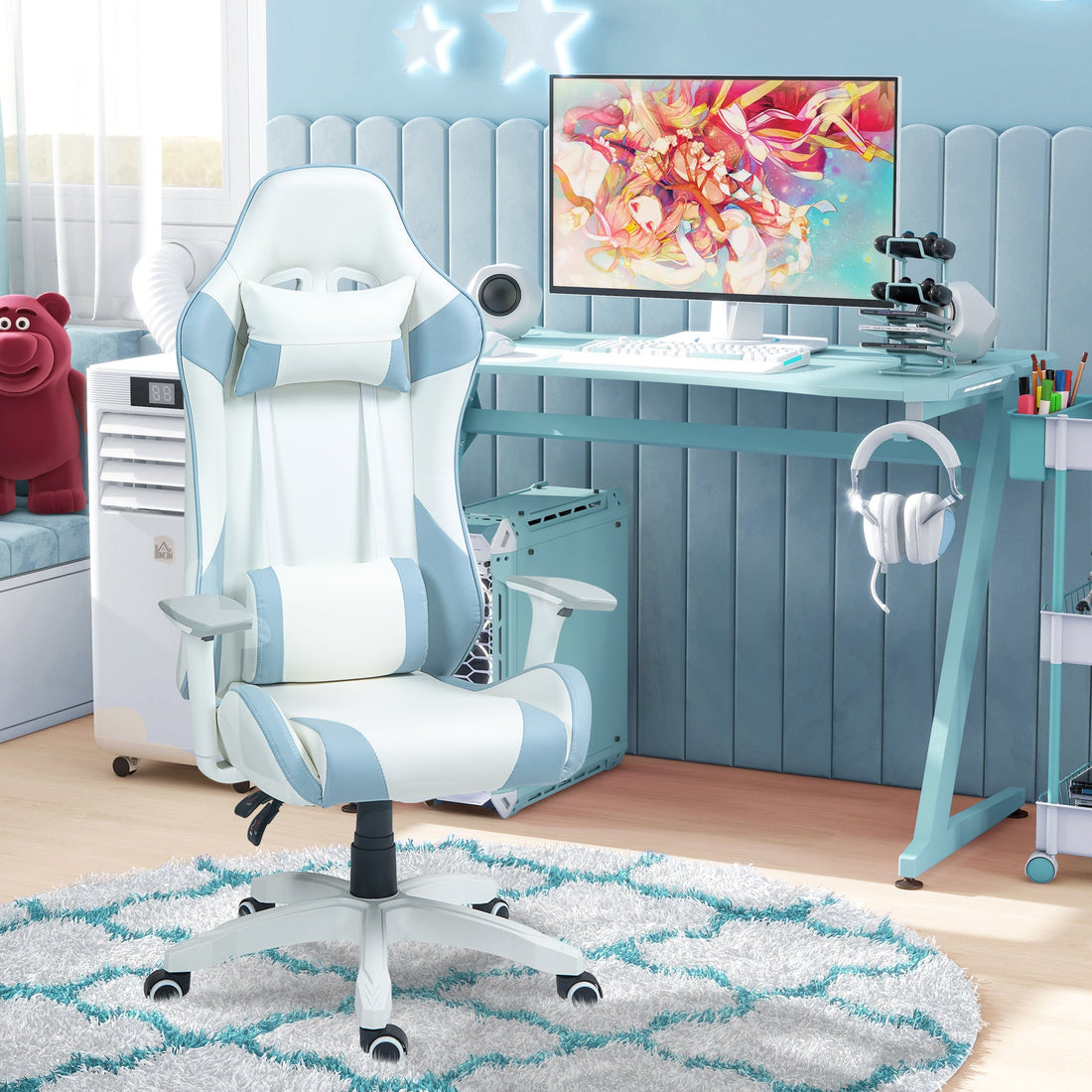 Faux Leather Colour Block Gaming Chair, with 135° Reclining Back - Blue/White