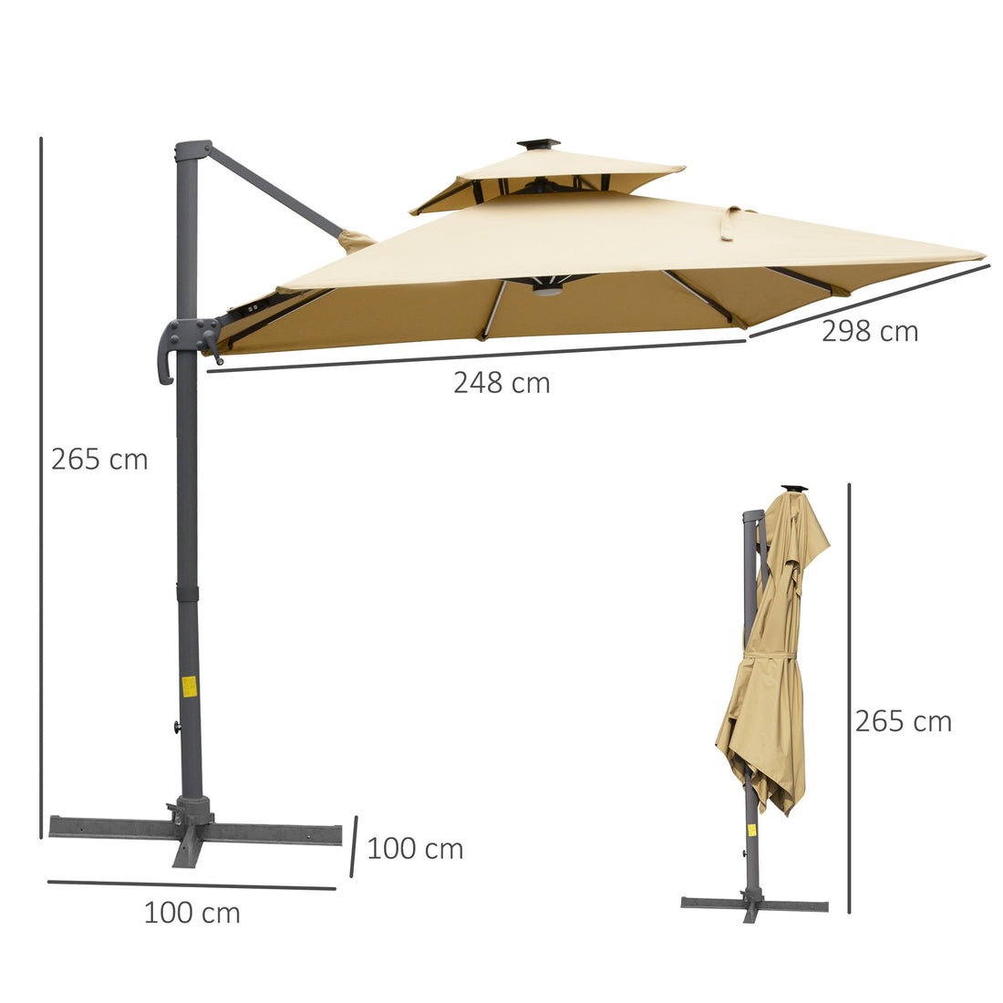 3m Cantilever Parasol, Outdoor Offset Patio Umbrella, Solar LED Lighted Hanging Sun Shade Canopy with Tilt and Crank Handle, Cross Base for Lawn, Khaki