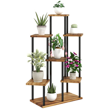 7 Tier Plant Stand Indoor Outdoor, Tiered Corner Steel Wood Plant Shelf for Multiple Plants, Tall Flower Stand Display Rack for Garden Patio Balcony Living Room, Carbonised Finish