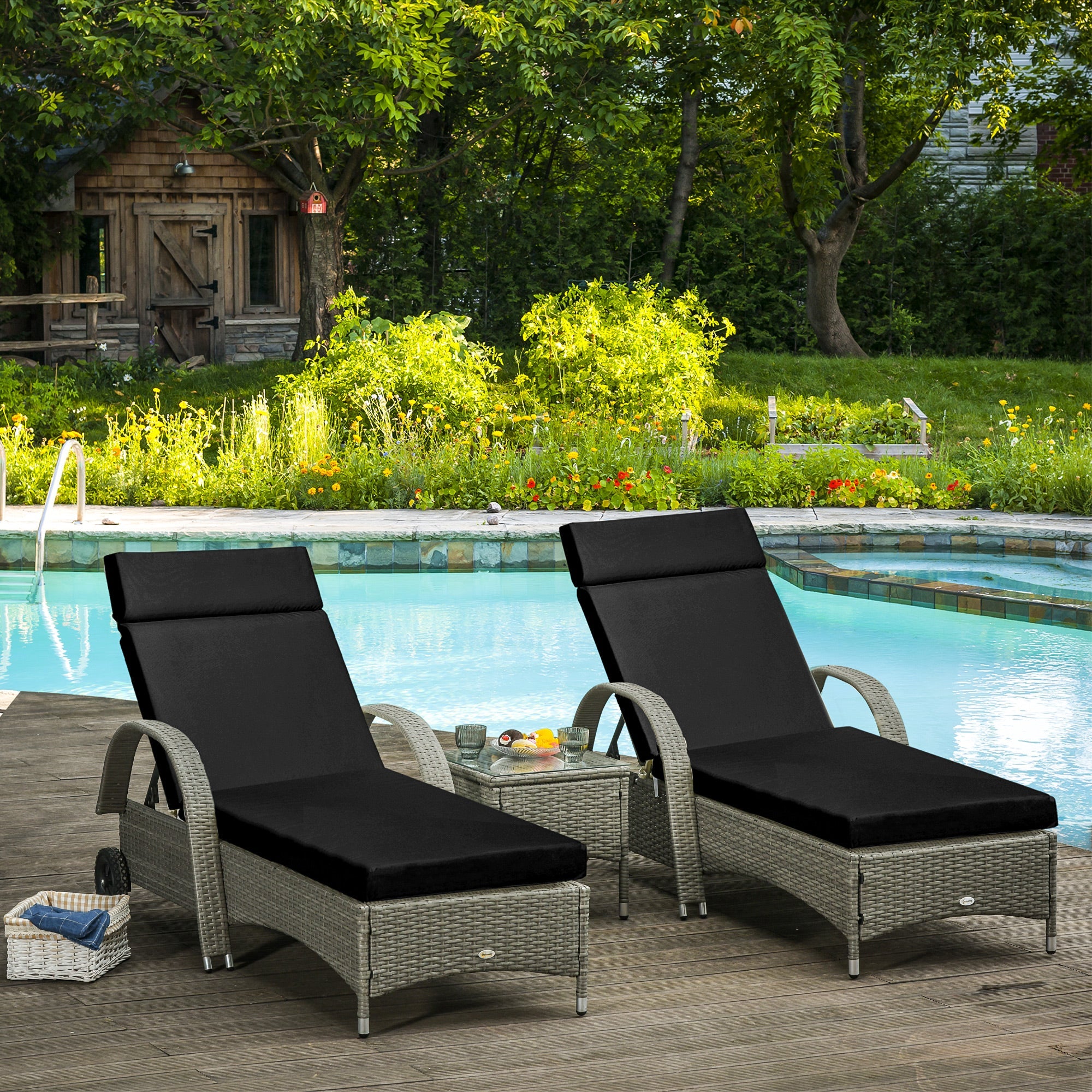 Set of 2 Sun Lounger Cushions, Replacement Cushions for Rattan Furniture with Ties, 196 x 55 cm, Black