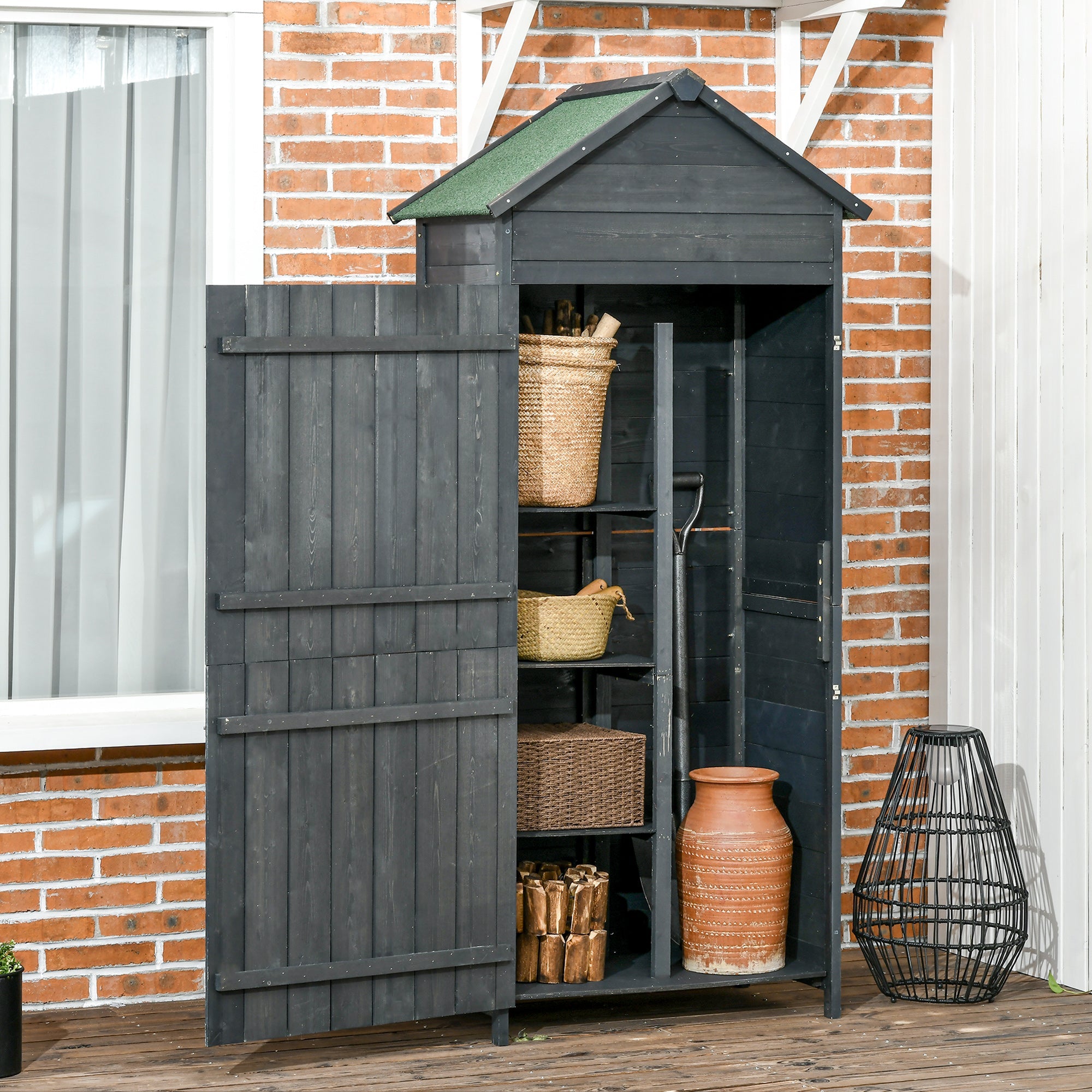 Garden Shed 4-Tier Wooden Garden Outdoor Shed 3 Shelves Utility Gardener Cabinet Lockable 2 Doors - Grey