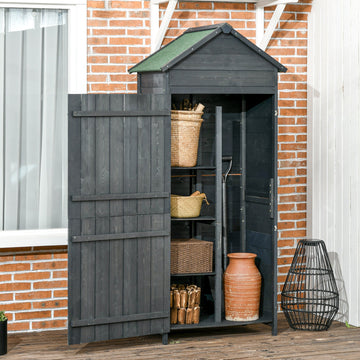 Garden Shed 4-Tier Wooden Garden Outdoor Shed 3 Shelves Utility Gardener Cabinet Lockable 2 Doors - Grey