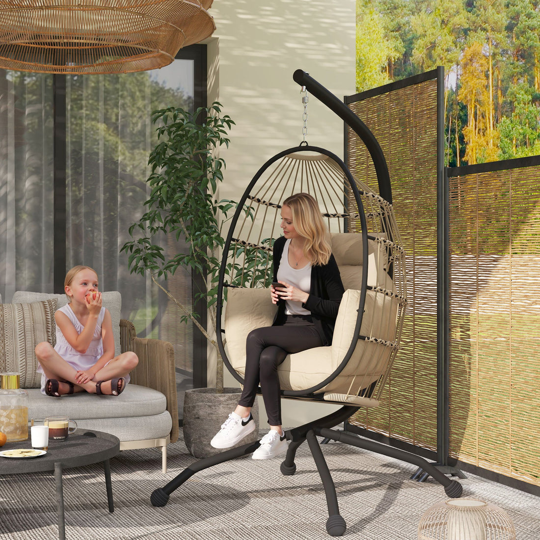 Hanging Egg Chair Outdoor Indoor Garden Swing Chair with Folding Basket and Thickened Cushion, Garden Hanging Chair with Stand, Headrest, Cup Holder for Patio, Balcony, Khaki