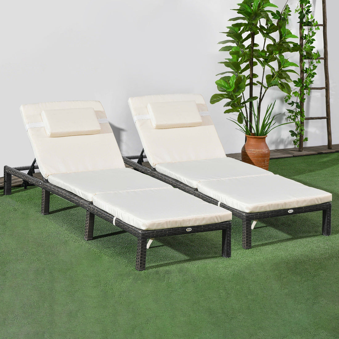 Set of Two Reclining Rattan Sun Loungers, with Cushions - Brown/Cream