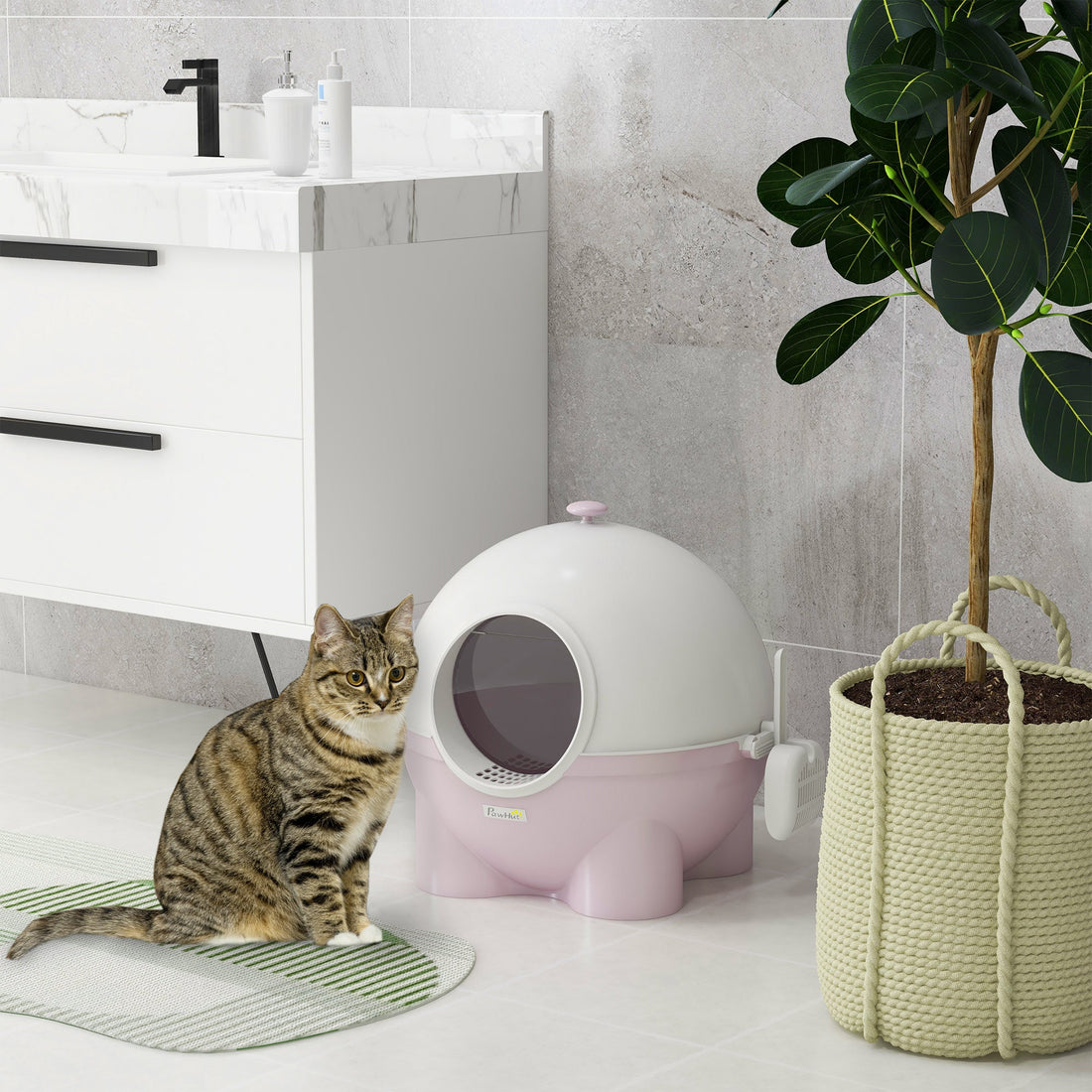 Large Cat Litter Box, with Scoop, Front Entrance, 53 x 51 x 48cm - Pink