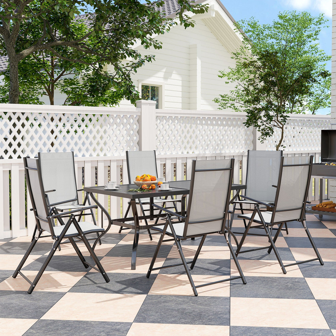 Seven-Piece Steel Outdoor Dining Set, with Parasol Hole - Grey