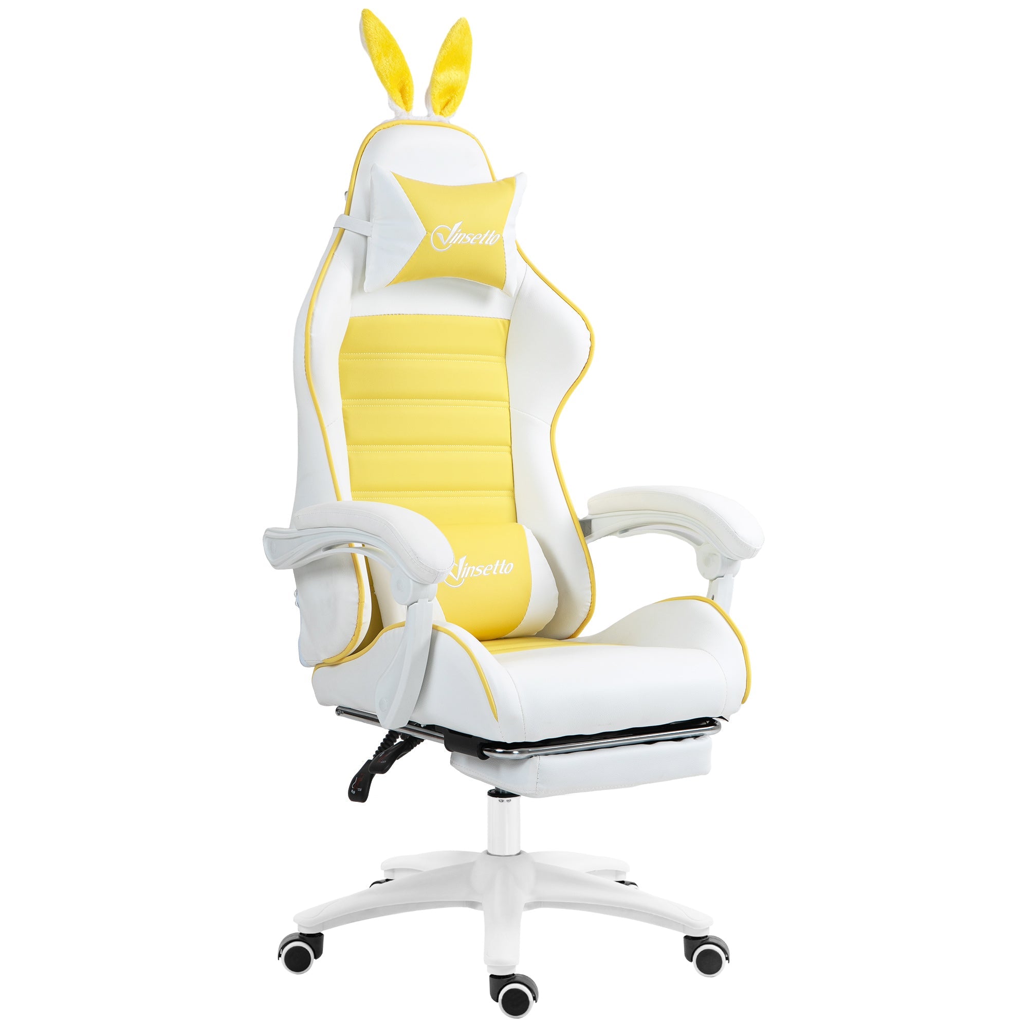 Racing Gaming Chair, Reclining PU Leather Computer Chair with Removable Rabbit Ears, Footrest, Headrest and Lumber Support, Yellow