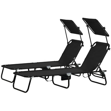 Set of Two Folding Sun Loungers, with Adjustable Backs and Sun Canopies - Black