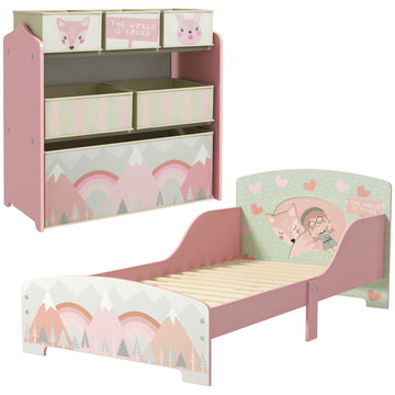 Toddler Bed Frame, Kids Storage Shelf Unit with 6 Fabric Bins for Ages 3-6 Years, Pink