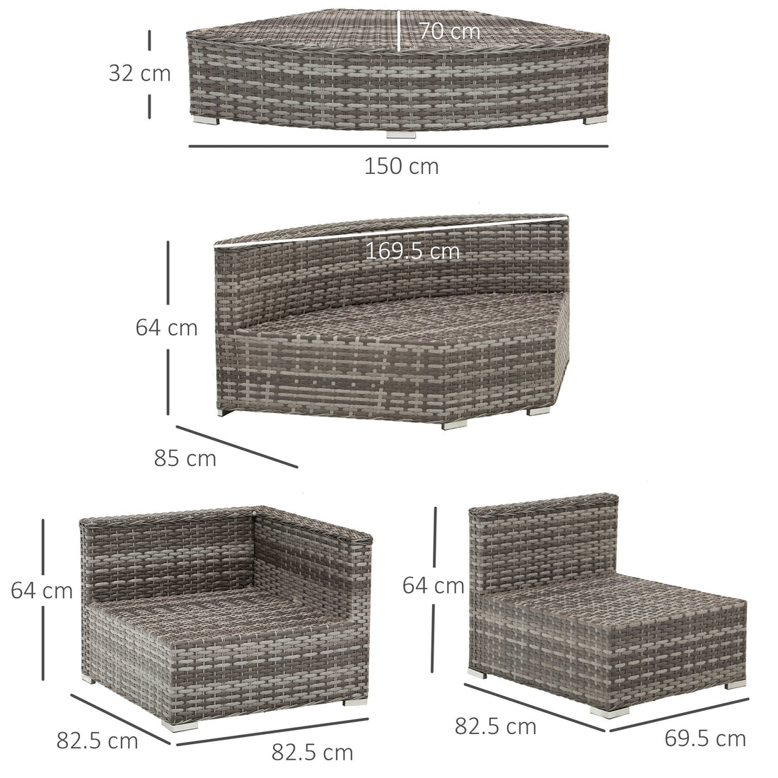 6 Pieces Outdoor PE Rattan Wicker Sofa Set with 10cm Thick Padded Cushionsand Half Round Patio Conversation Furniture Set with Angled Corner Designand Ottomansand and Back Pillows, Grey
