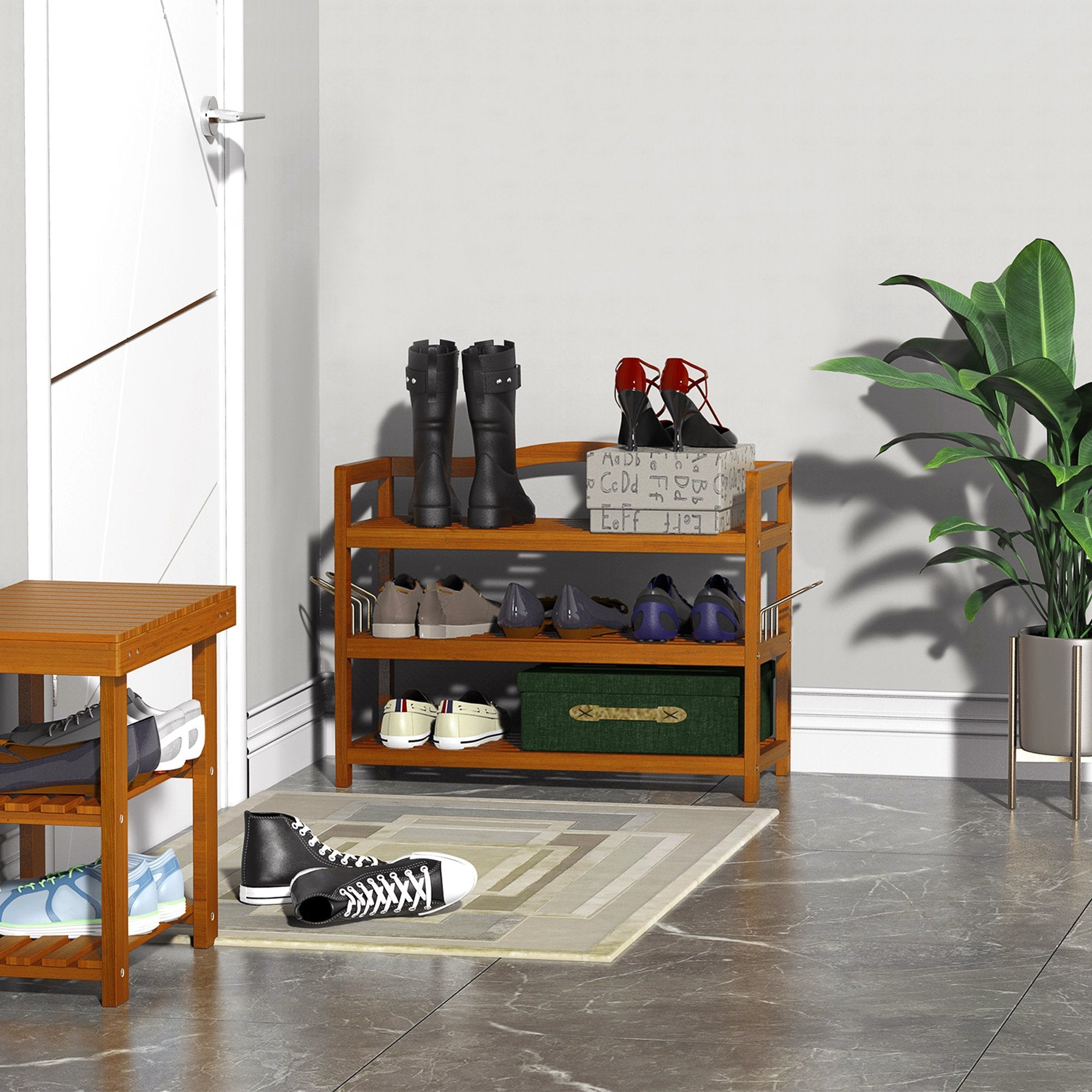 3-Tier Shoe Rack, Acacia Wooden Shoe Storage Organiser with 2 Hangers, Holds up to 12 Pairs, for Entryway, Living Room, 74 x 26 x 62 cm, Teak