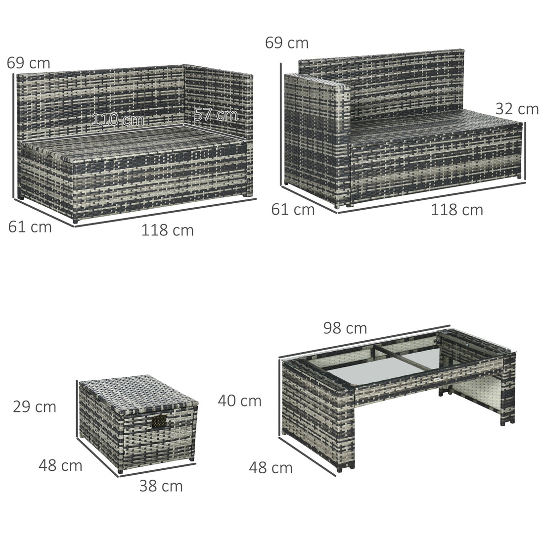 6 Piece Rattan Garden Furniture Set, 8-Seater Outdoor Sofa Sectional with 3 Cushioned Loveseat 2 Footstools Table Grey