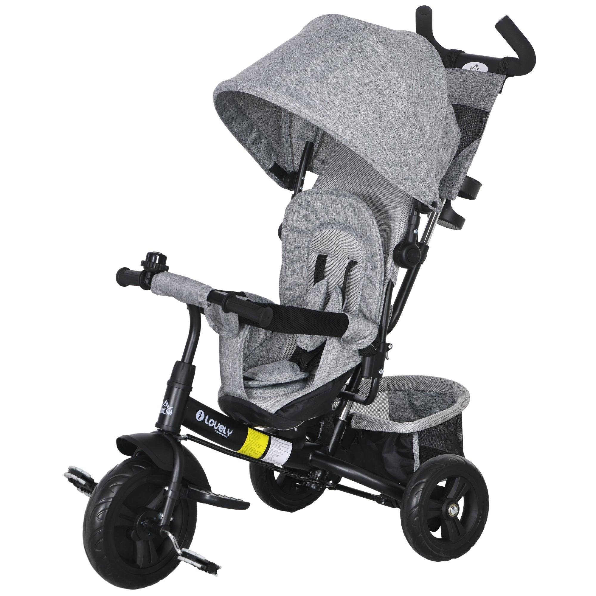 6 in 1 Kids Trike with Parent Handle, Canopy, 5-point Safety Belt, Storage, Footrest, Brake, for 1-5 Years, Grey