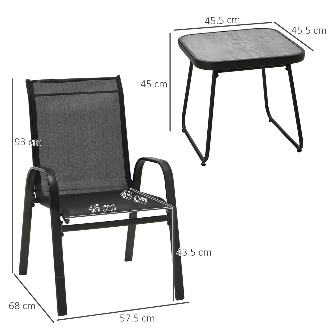 3 Pieces Outdoor Bistro Set, Patio Stackable Armchairs with Breathable Mesh Fabric and SPC Board Coffee Table, Black
