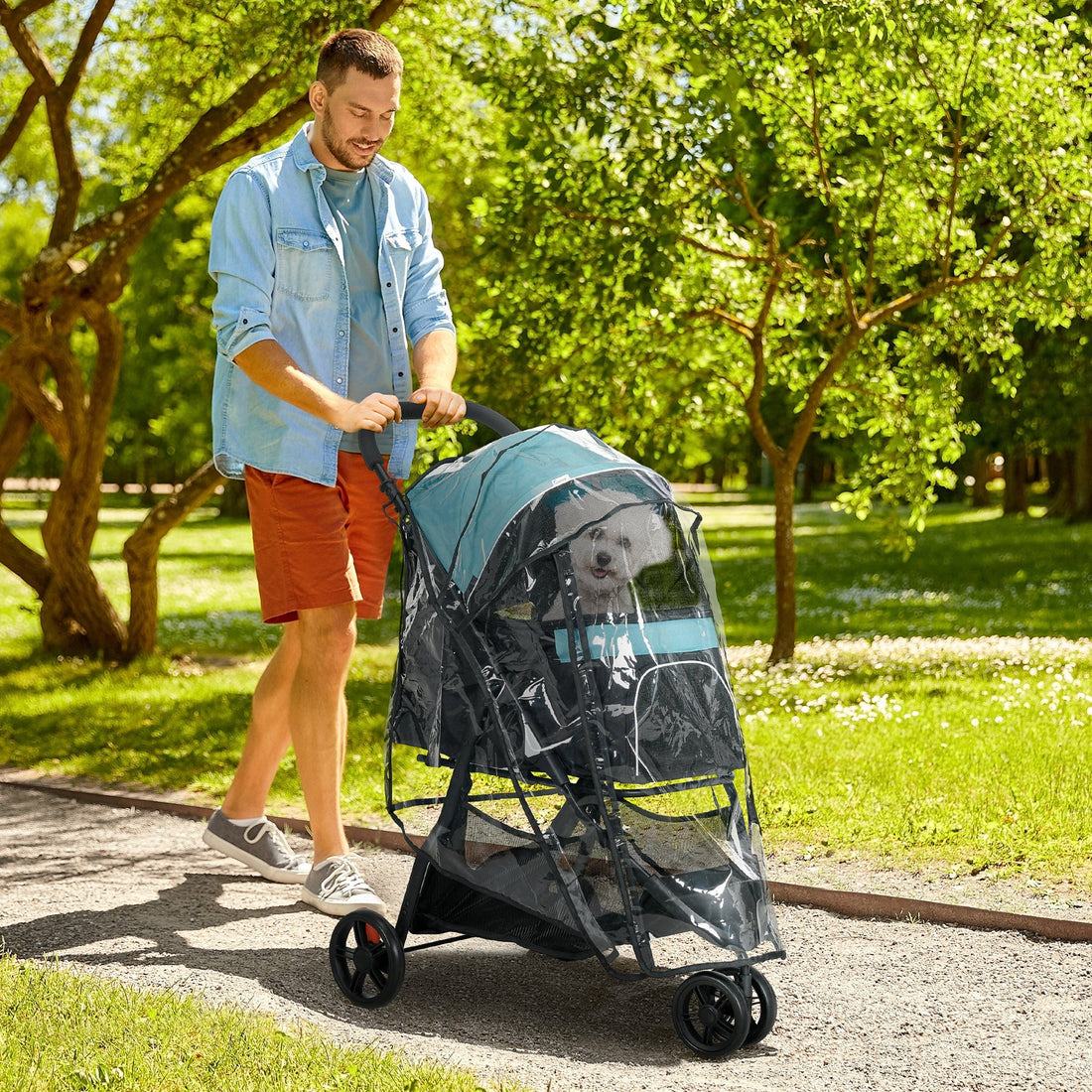 Foldable Pet Stroller w/ Rain Cover, for XS Dogs, S Dogs - Dark Green