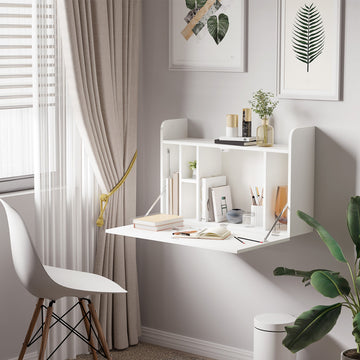 Wall Mounted Table, Drop Leaf Floating Laptop Desk with Space Saving Storage Compartments for Home Office and Study, 77cm x 20cm x 51cm, White