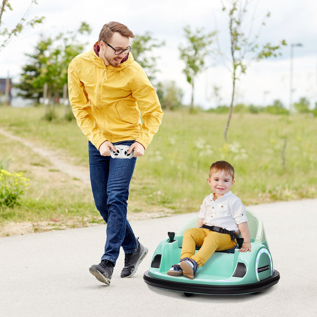 360° Rotation Kids Bumper Car, 12V Waltz Car with Remote Control, Dual Joystick, Music, Lights, Green