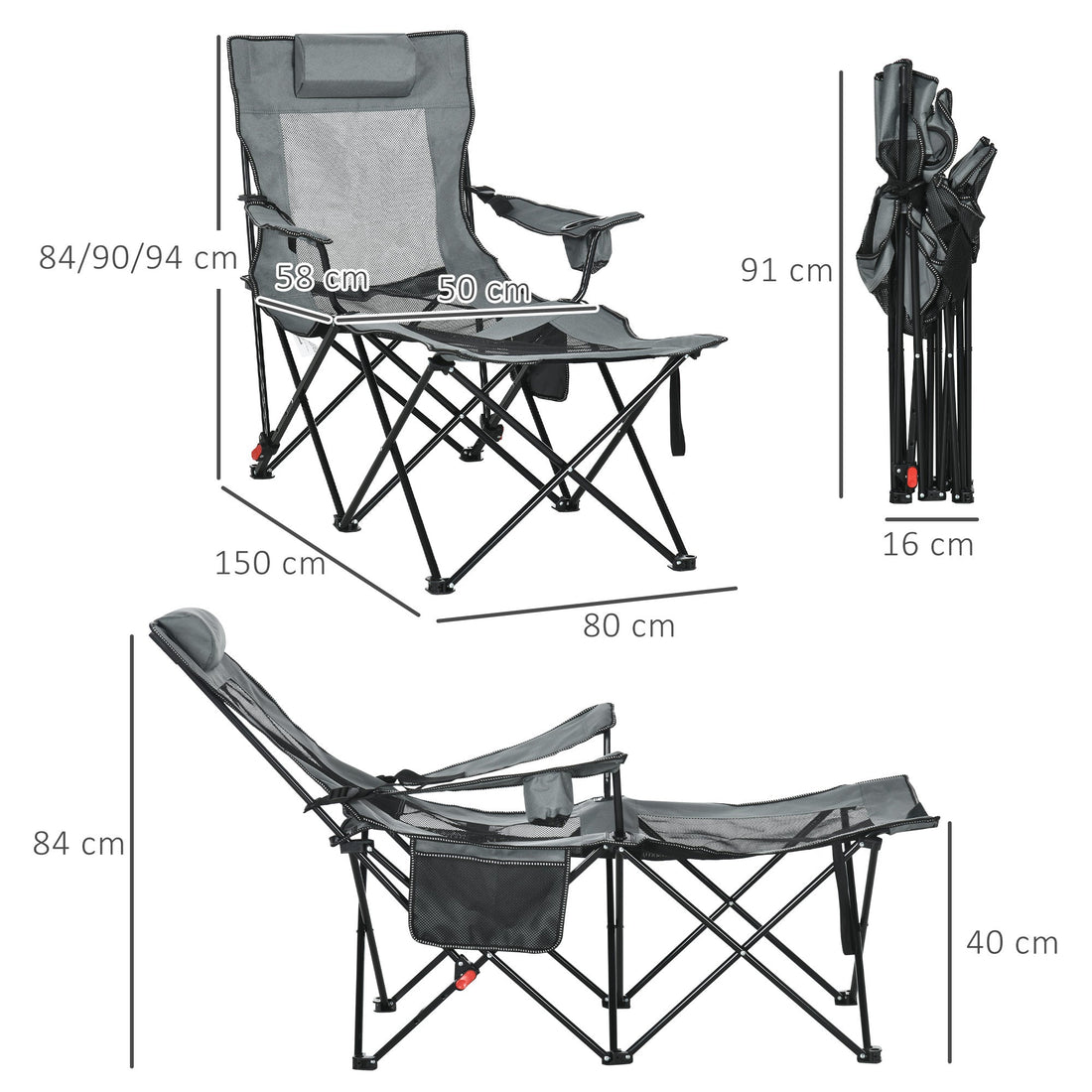 Foldable Reclining Garden Chairs with Footrest and Adjustable Backrest, Portable Camping Chair with Headrest, Cup Holder, Side Pocketand Carry Bag for Outdoor, Grey
