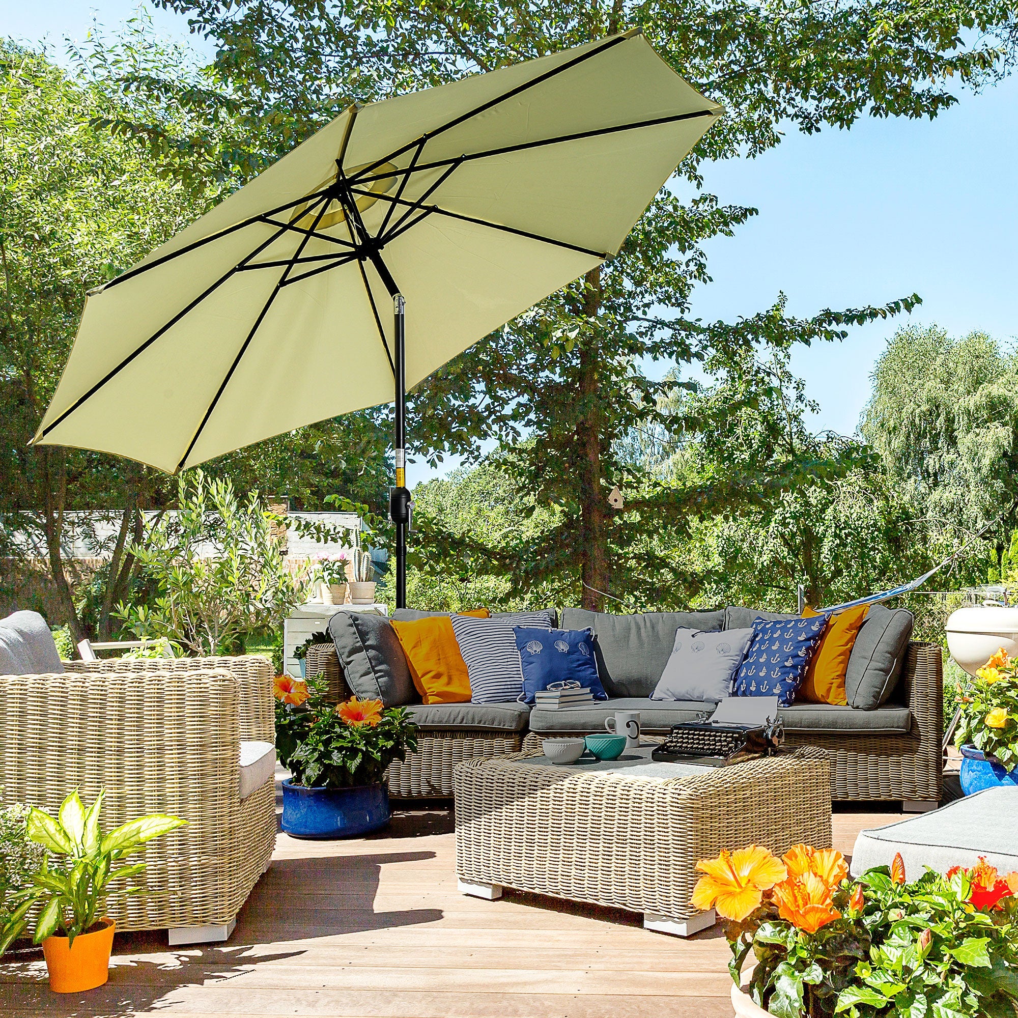 3(m) Tilting Parasol Garden Umbrellas, Outdoor Sun Shade with 8 Ribs, Tilt and Crank Handle for Balcony, Bench, Garden, Beige