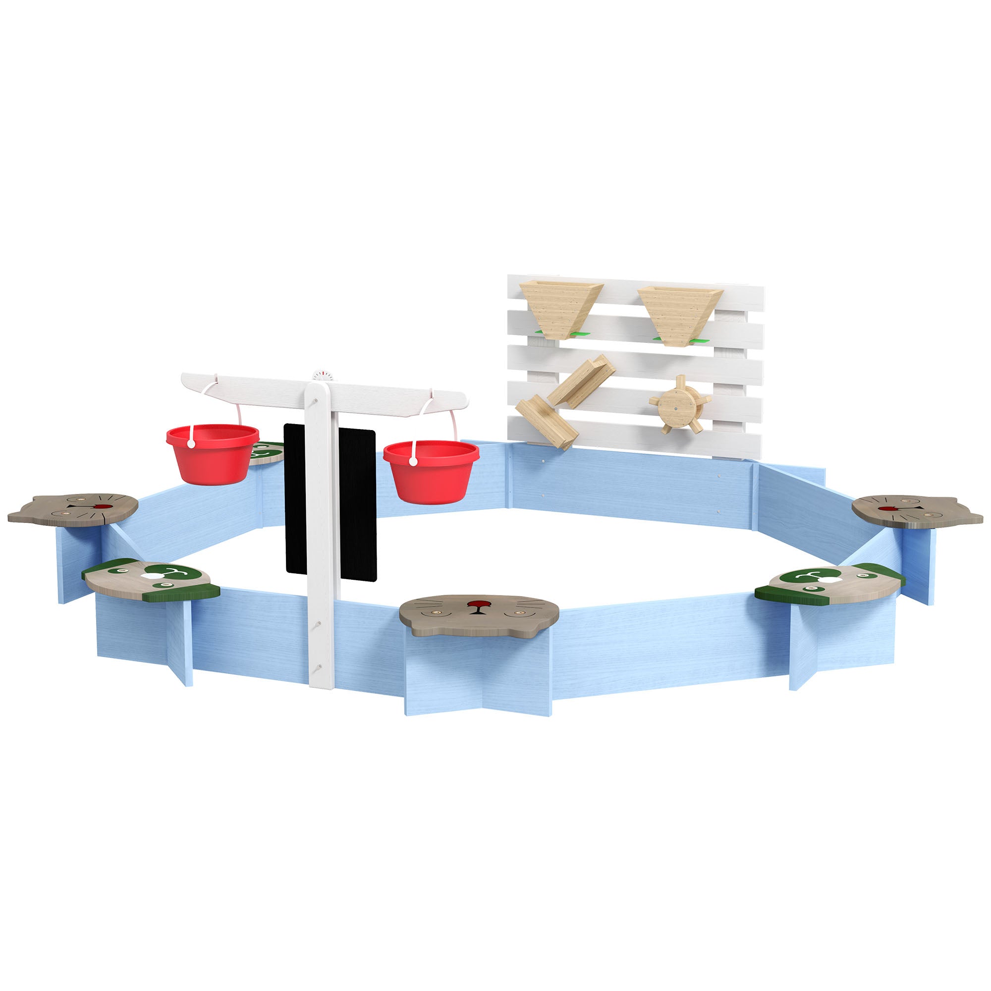 Wooden Sandbox, Outdoor Sand Pit, with Six Seats, Accessories, for Ages 3-7 Years - Blue
