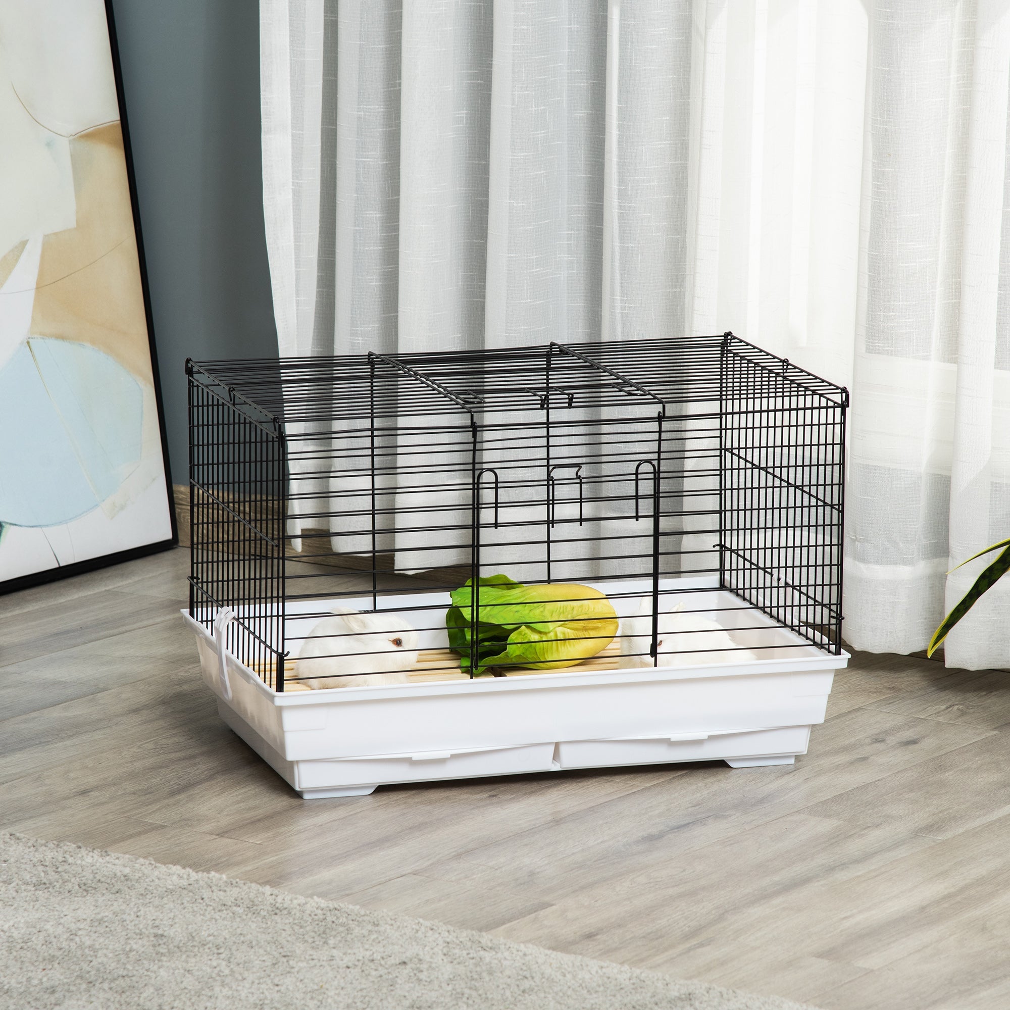 Indoor Small Animal Cage for Rabbits, Guinea Pigs w/ Wood Floor, Removable Trays