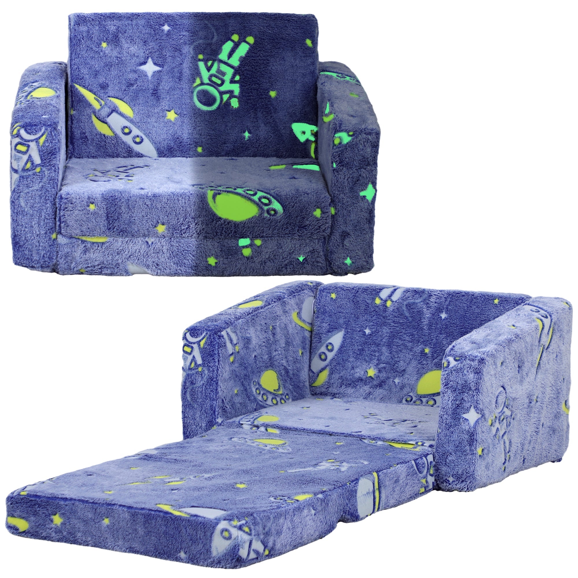 2 in 1 Kids Kids Folding Bed Armchair with Glow in The Dark Cosmic Design, Washable Cushion and Cover, Blue