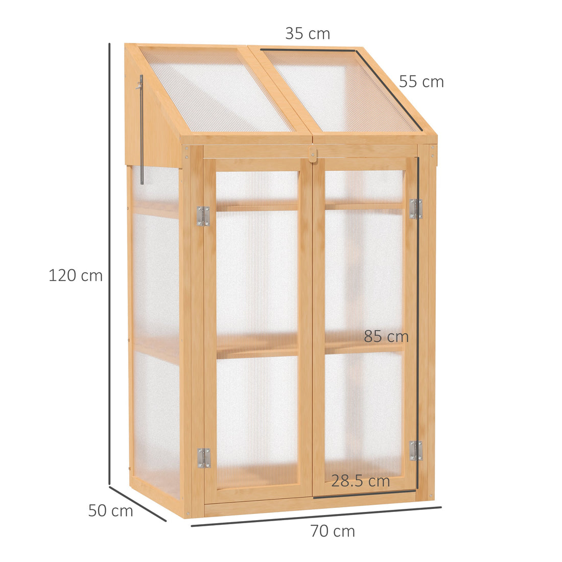 Wooden Cold Frame Polycarbonate Greenhouse with Openable Top Cover and Double Door, Grow House for Flower, Vegetable and Plants, 70 x 50 x 120cm, Grey