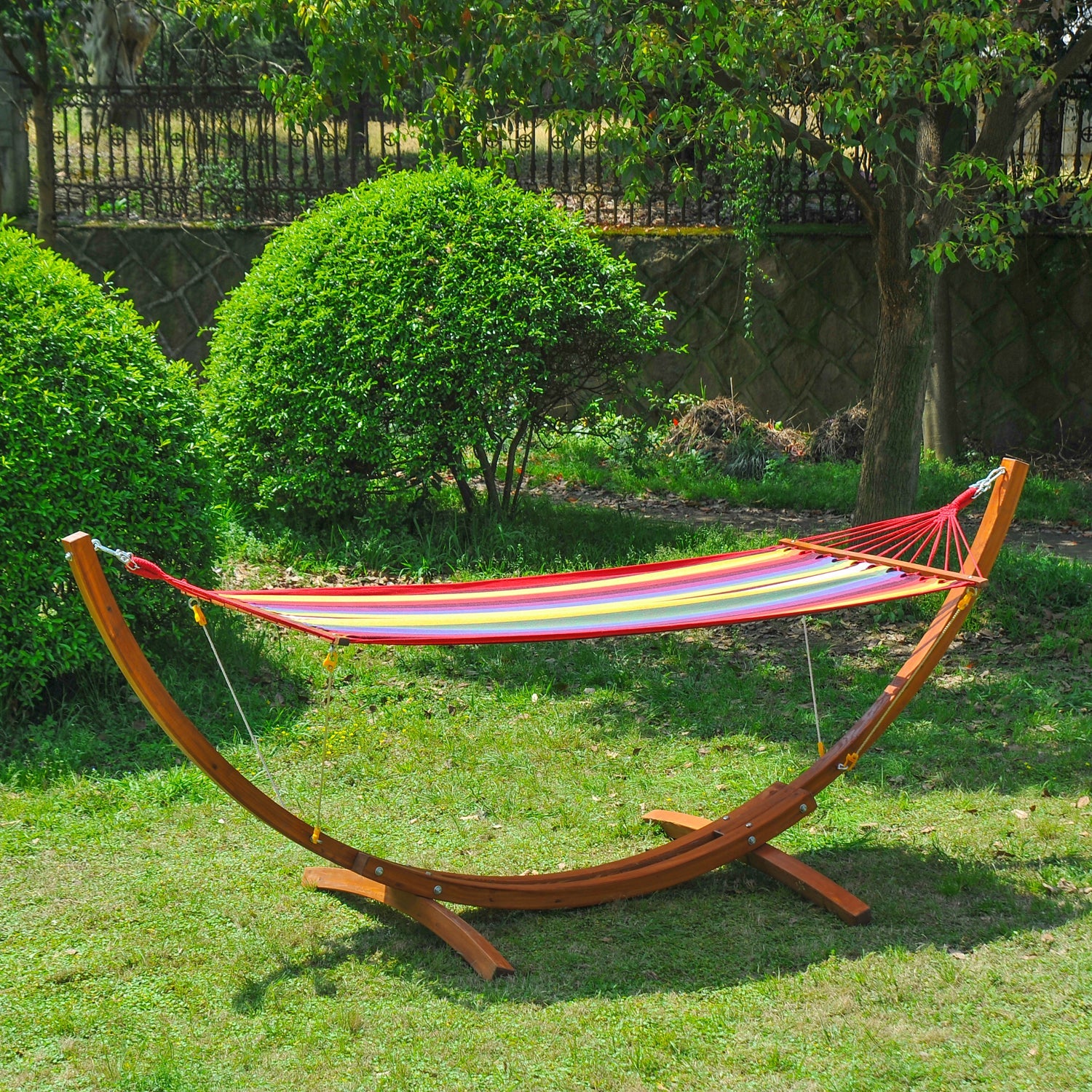 Outdoor Hammock with Stand, Free Standing Hammock with Arc Wooden Frame and 200 x 100cm Fabric, Garden Swing Hanging Bed with Safe Ropes, Multicolour