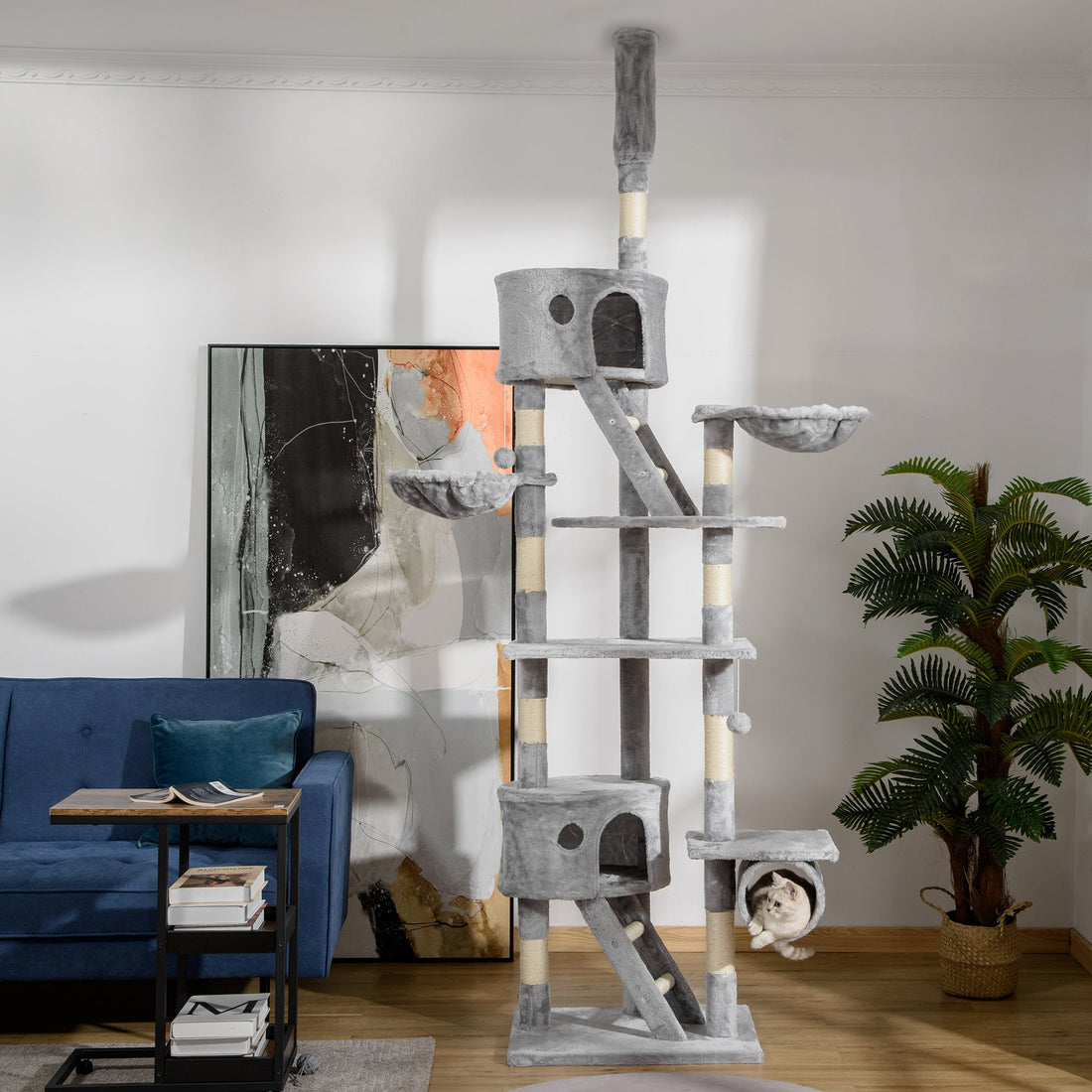 Floor to Ceiling Cat Tree for Indoor Cats, 240-260cm, Adjustable Height - Light Grey