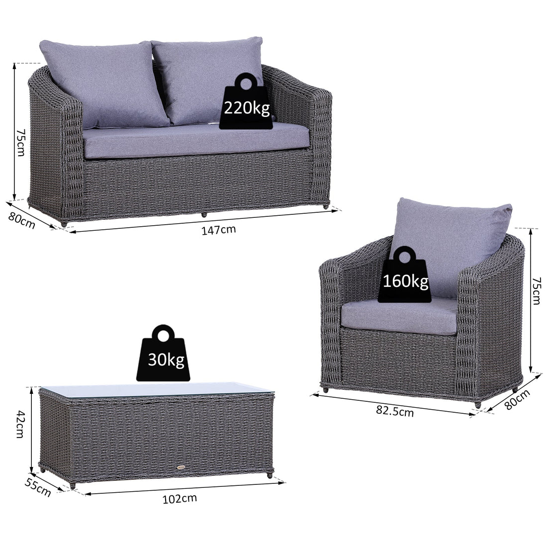 Deluxe Round PE Rattan Garden Furniture Set, Fully-assembly Outdoor Sofa Set with Armchair, Loveseat, Glass Top Coffee Table, Aluminium Frame, Cushion, Grey