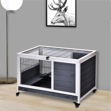 Rabbits Indoor Fir Wood Lift-Top Hutch Guinea Pigs Hutches-Grey and White