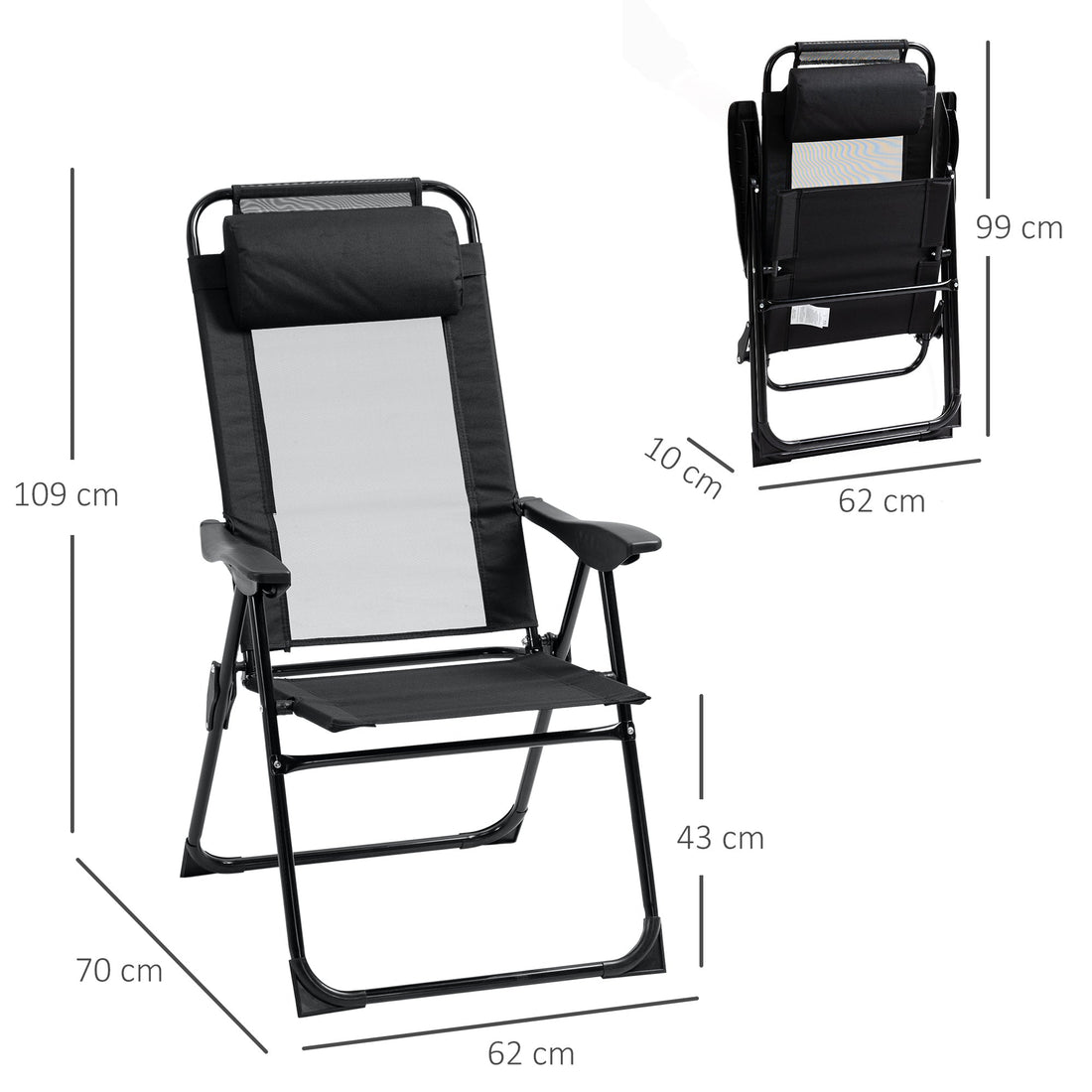 Set of 2 Portable Folding Recliner Metal Outdoor Patio Chaise Lounge Chairs with Adjustable Backrest, Black