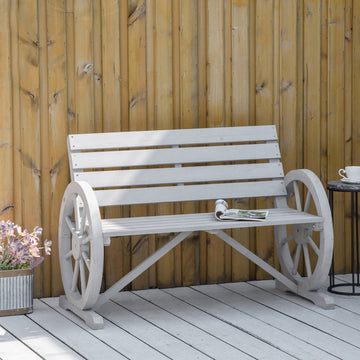 Wooden Cart Wagon Wheel 2 Seater Garden Bench Outdoor Garden Armrest Chair Rustic High Back Loveseat Grey