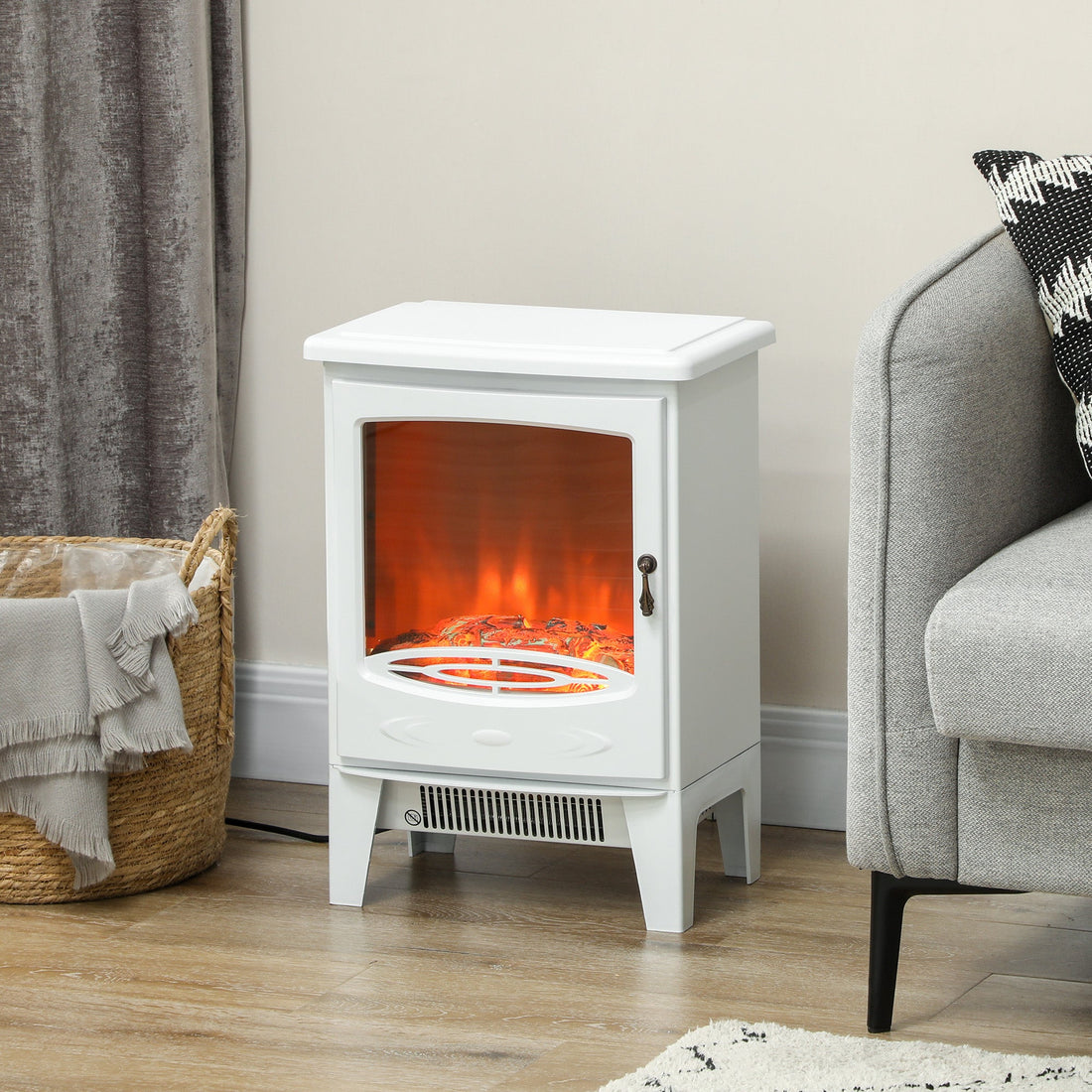 Tempered Glass Casing Electric Fireplace, Freestanding Electric Fire with Realistic Flame Effect, Log Burner with Overheat Protection, 950w/ 1850W, White