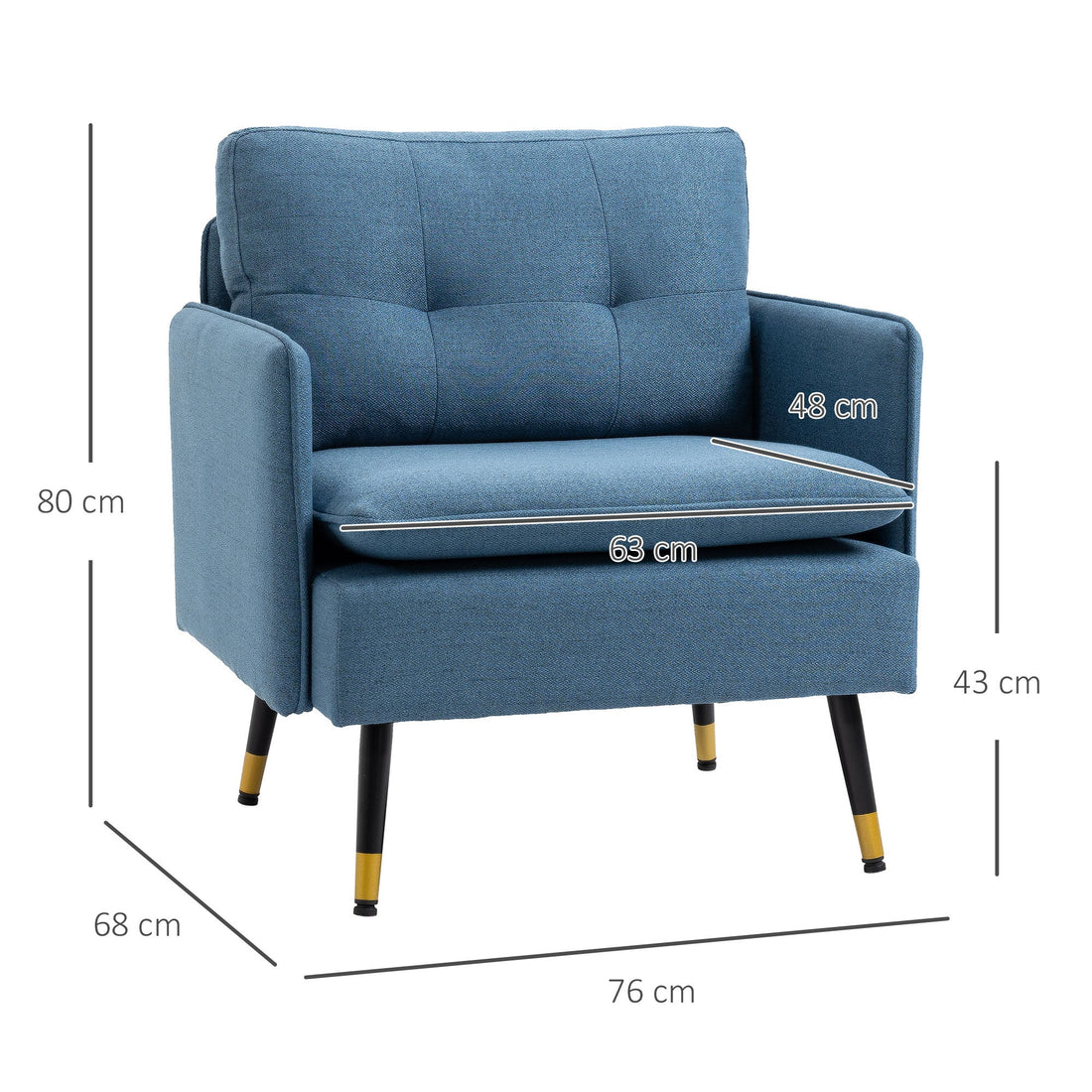 Modern One Seater Sofa, Button Tufted Armchair with Cushions and Steel Legs, Accent Chair for Living Room, Guest Room, Dark Blue