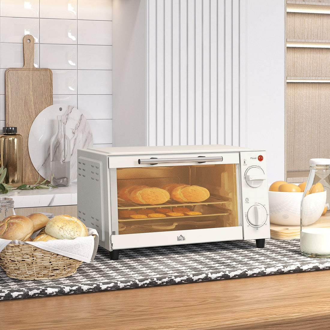 Mini Oven, 9L Countertop Electric Grill, Toaster Oven with Adjustable Temperature, Timer, Dishwasher Safe Baking Tray and Wire Rack, 750W, Cream