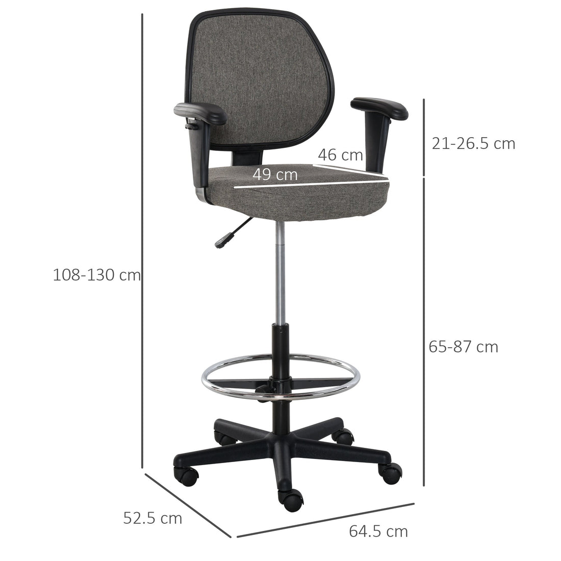 Drafting Chair, Fabric Office Chair, Ergonomic Painting Chair with Height Armrest Adjustable and Foot Ring, 360° Swivel Stool Chair for Standing Desk, Grey