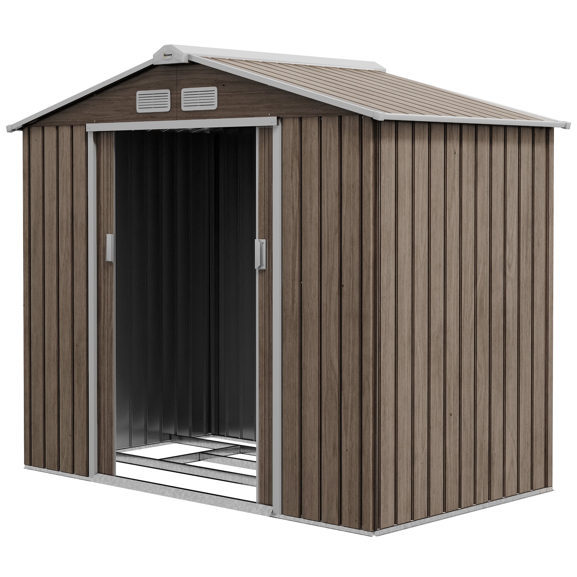7 x 4ft Metal Garden Storage Shed with Vents, Floor Foundation Kit and Lockable Double Doors, Light Brown
