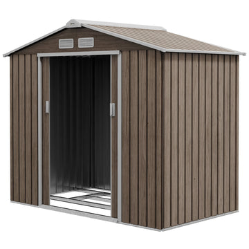 7 x 4ft Metal Garden Storage Shed with Vents, Floor Foundation Kit and Lockable Double Doors, Light Brown